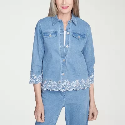 Alfred Dunner Flower Power Lightweight Denim Womens Jacket