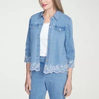 Alfred Dunner Flower Power Lightweight Denim Womens Jacket