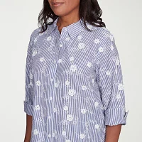 Alfred Dunner Flower Power Womens 3/4 Sleeve Button-Down Shirt