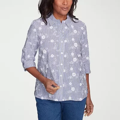 Alfred Dunner Flower Power Womens 3/4 Sleeve Button-Down Shirt