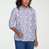 Alfred Dunner Flower Power Womens 3/4 Sleeve Button-Down Shirt