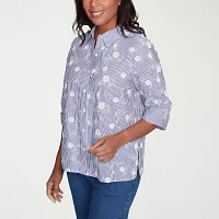 Alfred Dunner Flower Power Womens 3/4 Sleeve Button-Down Shirt