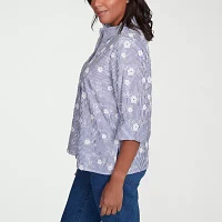 Alfred Dunner Flower Power Womens 3/4 Sleeve Button-Down Shirt