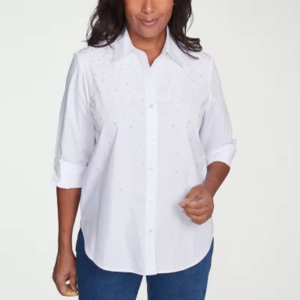 Alfred Dunner Flower Power Womens 3/4 Sleeve Embellished Blouse