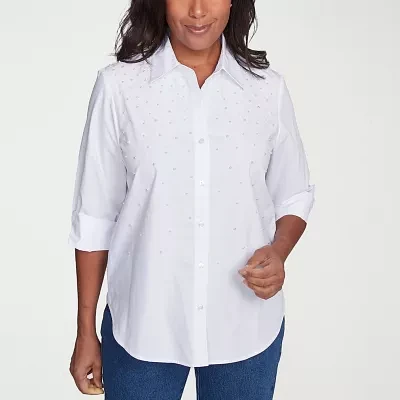 Alfred Dunner Flower Power Womens 3/4 Sleeve Embellished Blouse