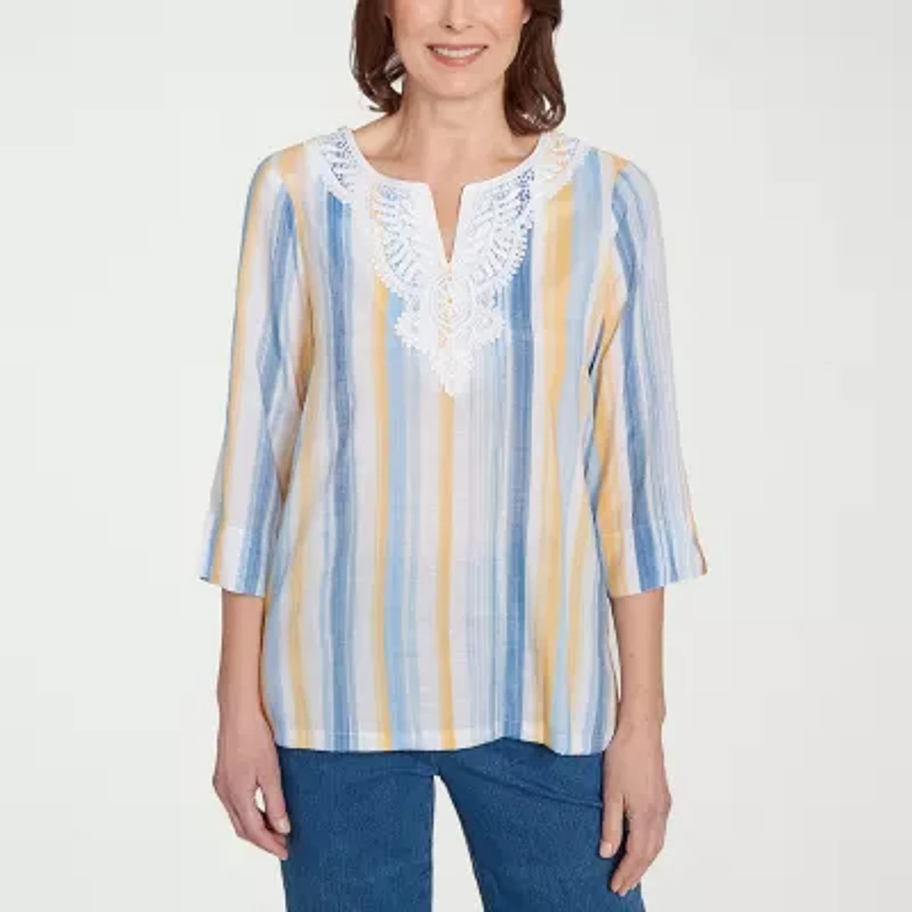 Alfred Dunner Flower Power Womens Split Crew Neck 3/4 Sleeve Blouse