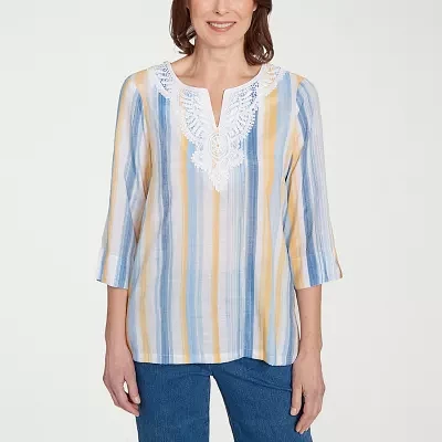 Alfred Dunner Flower Power Womens Split Crew Neck 3/4 Sleeve Blouse