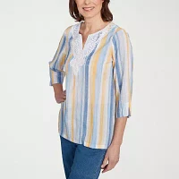 Alfred Dunner Flower Power Womens Split Crew Neck 3/4 Sleeve Blouse