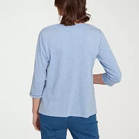 Alfred Dunner Flower Power Womens Split Crew Neck 3/4 Sleeve T-Shirt