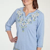 Alfred Dunner Flower Power Womens Split Crew Neck 3/4 Sleeve T-Shirt