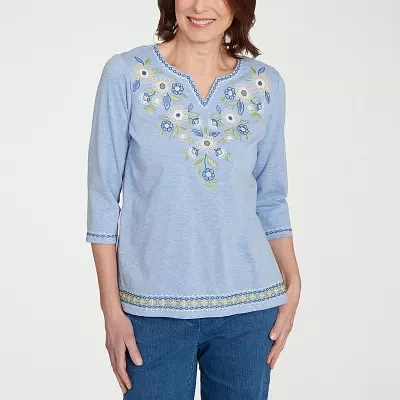 Alfred Dunner Flower Power Womens Split Crew Neck 3/4 Sleeve T-Shirt