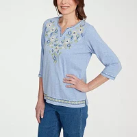 Alfred Dunner Flower Power Womens Split Crew Neck 3/4 Sleeve T-Shirt