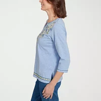 Alfred Dunner Flower Power Womens Split Crew Neck 3/4 Sleeve T-Shirt