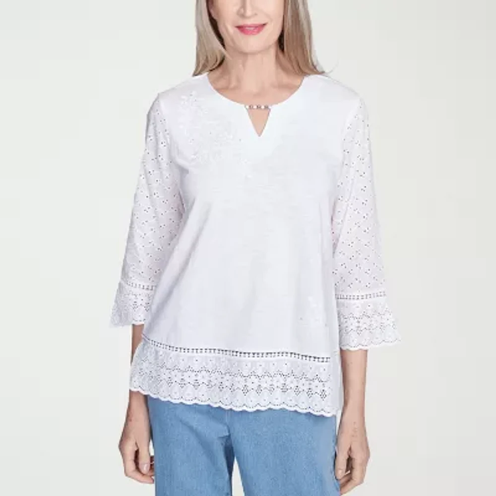 Alfred Dunner Flower Power Womens Split Crew Neck 3/4 Sleeve Embroidered Blouse