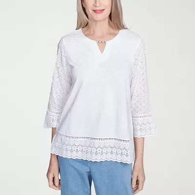 Alfred Dunner Flower Power Womens Split Crew Neck 3/4 Sleeve Embroidered Blouse
