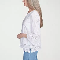 Alfred Dunner Flower Power Womens Split Crew Neck 3/4 Sleeve Embroidered Blouse