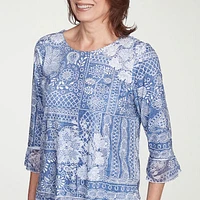 Alfred Dunner Flower Power Womens Crew Neck 3/4 Sleeve Stretch Fabric T-Shirt