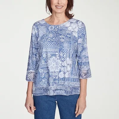 Alfred Dunner Flower Power Womens Crew Neck 3/4 Sleeve Stretch Fabric T-Shirt