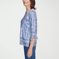 Alfred Dunner Flower Power Womens Crew Neck 3/4 Sleeve Stretch Fabric T-Shirt