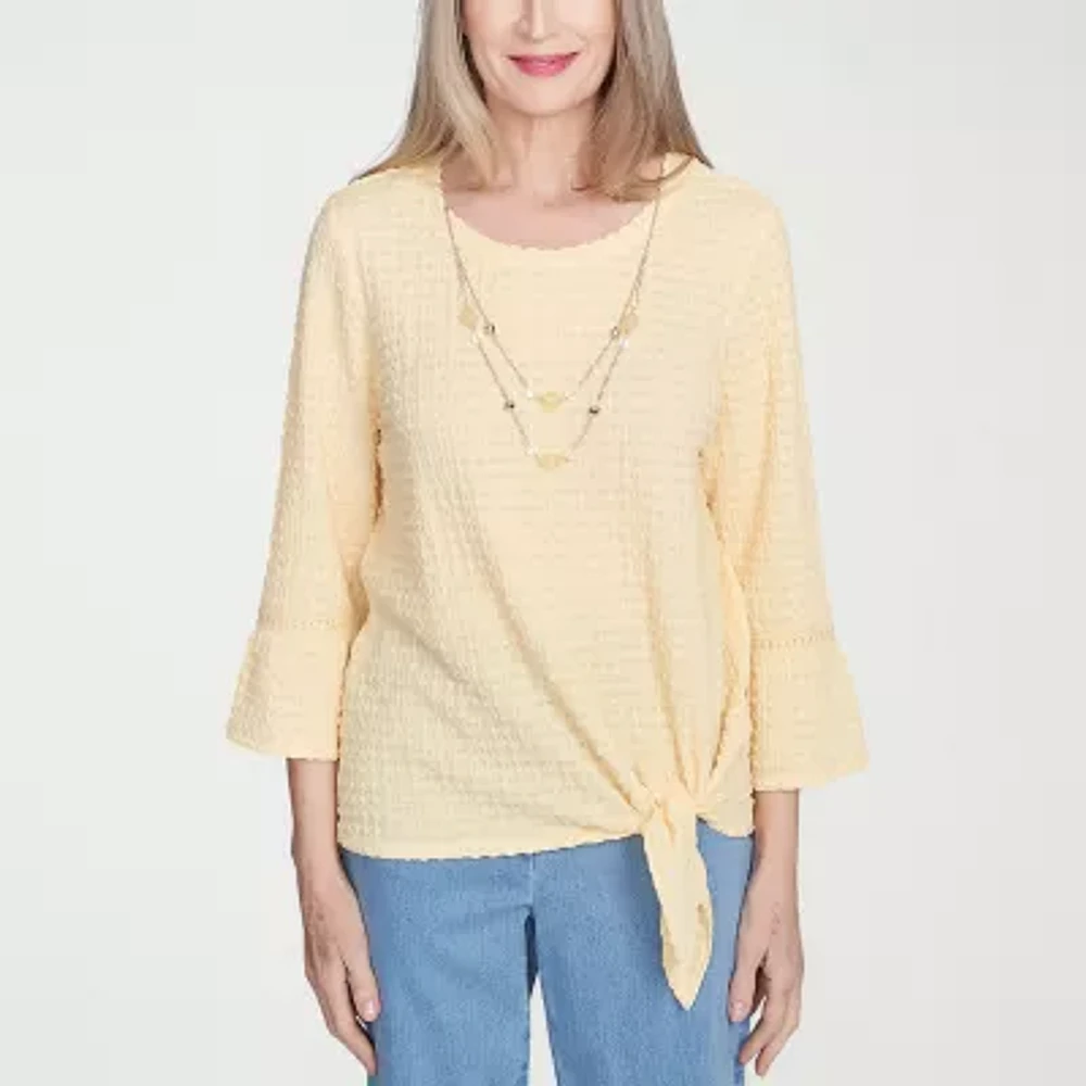 Alfred Dunner Flower Power Womens Crew Neck 3/4 Sleeve Stretch Fabric T-Shirt