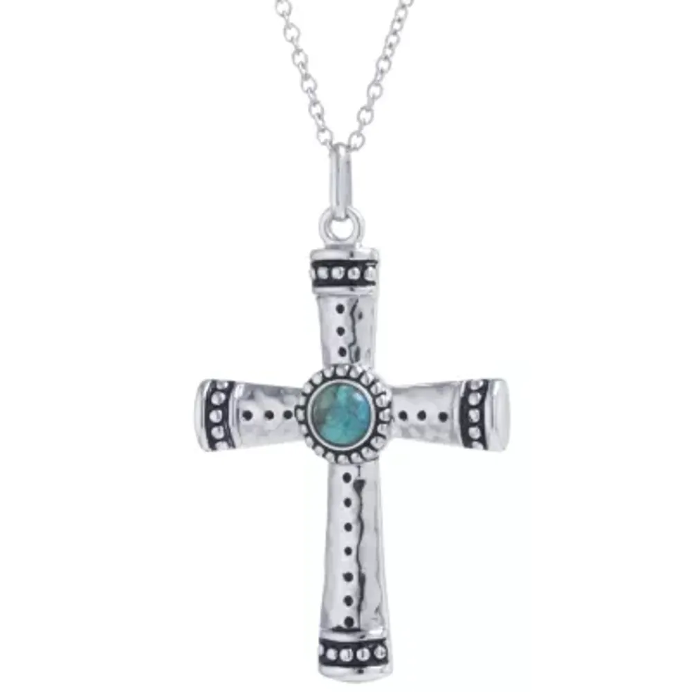 Womens Enhanced Blue Turquoise Sterling Silver Cross Pendant Necklaces