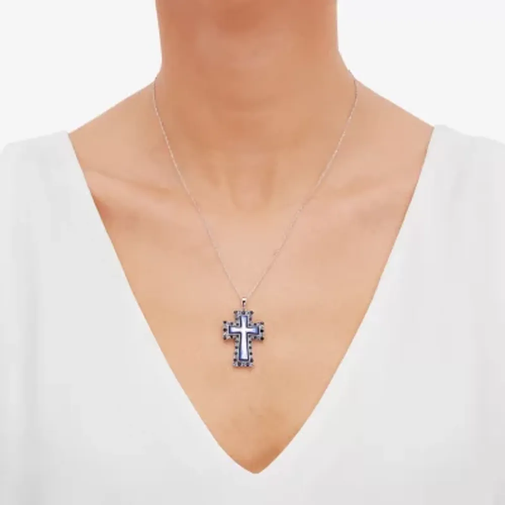 Womens Blue Mother Of Pearl Sterling Silver Cross Pendant Necklace