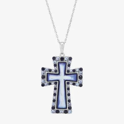 Womens Blue Mother Of Pearl Sterling Silver Cross Pendant Necklaces