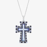 Womens Blue Mother Of Pearl Sterling Silver Cross Pendant Necklace