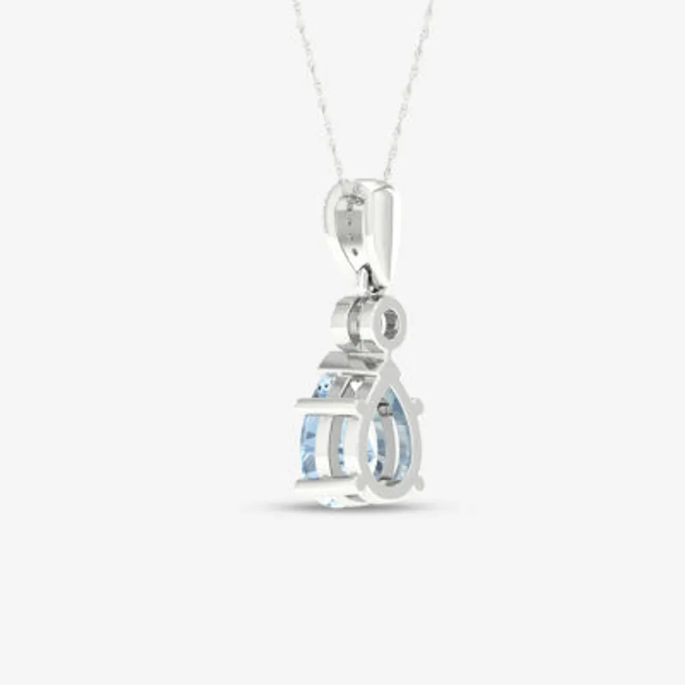 Womens Diamond Accent Genuine Blue Aquamarine 10K Gold Pear Pendant Necklace