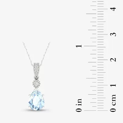 Womens Diamond Accent Genuine Blue Aquamarine 10K Gold Pear Pendant Necklace