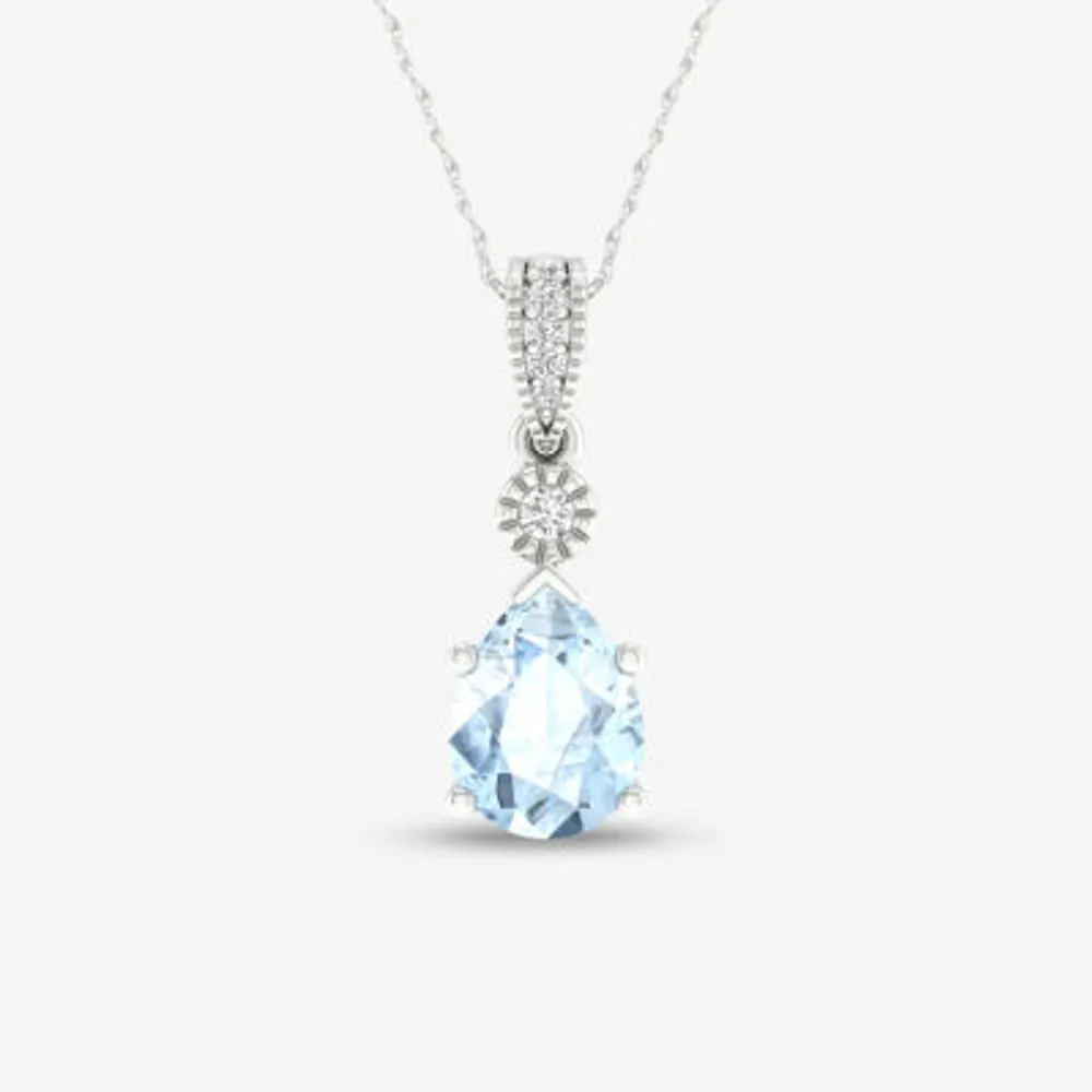 Womens Diamond Accent Genuine Blue Aquamarine 10K Gold Pear Pendant Necklace