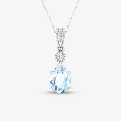 Womens Diamond Accent Genuine Blue Aquamarine 10K Gold Pear Pendant Necklace