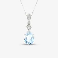 Womens Diamond Accent Genuine Blue Aquamarine 10K Gold Pear Pendant Necklace