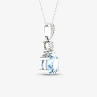 Womens Diamond Accent Genuine Blue Aquamarine 10K Gold Pear Pendant Necklace