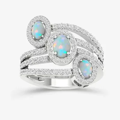 Womens Lab Created White Opal Sterling Silver Oval Cocktail Ring