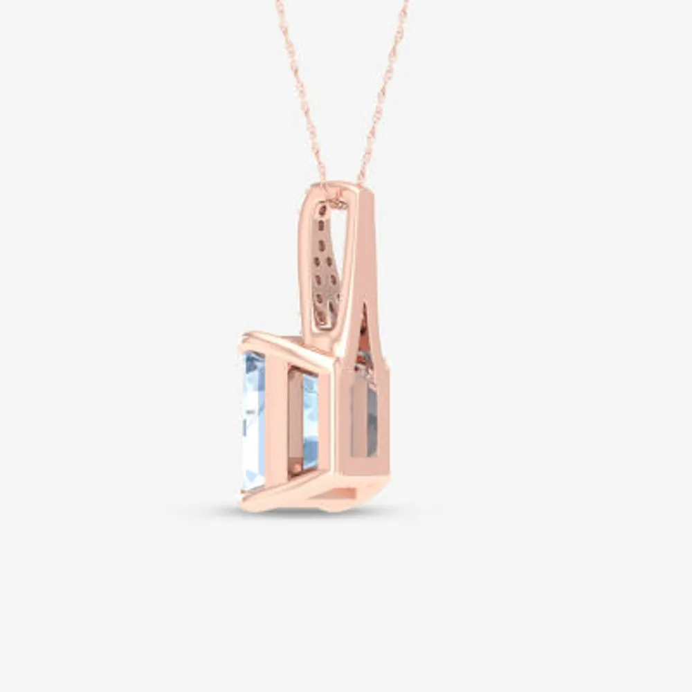 Womens Diamond Accent Genuine Blue Aquamarine 10K Rose Gold Pendant Necklace