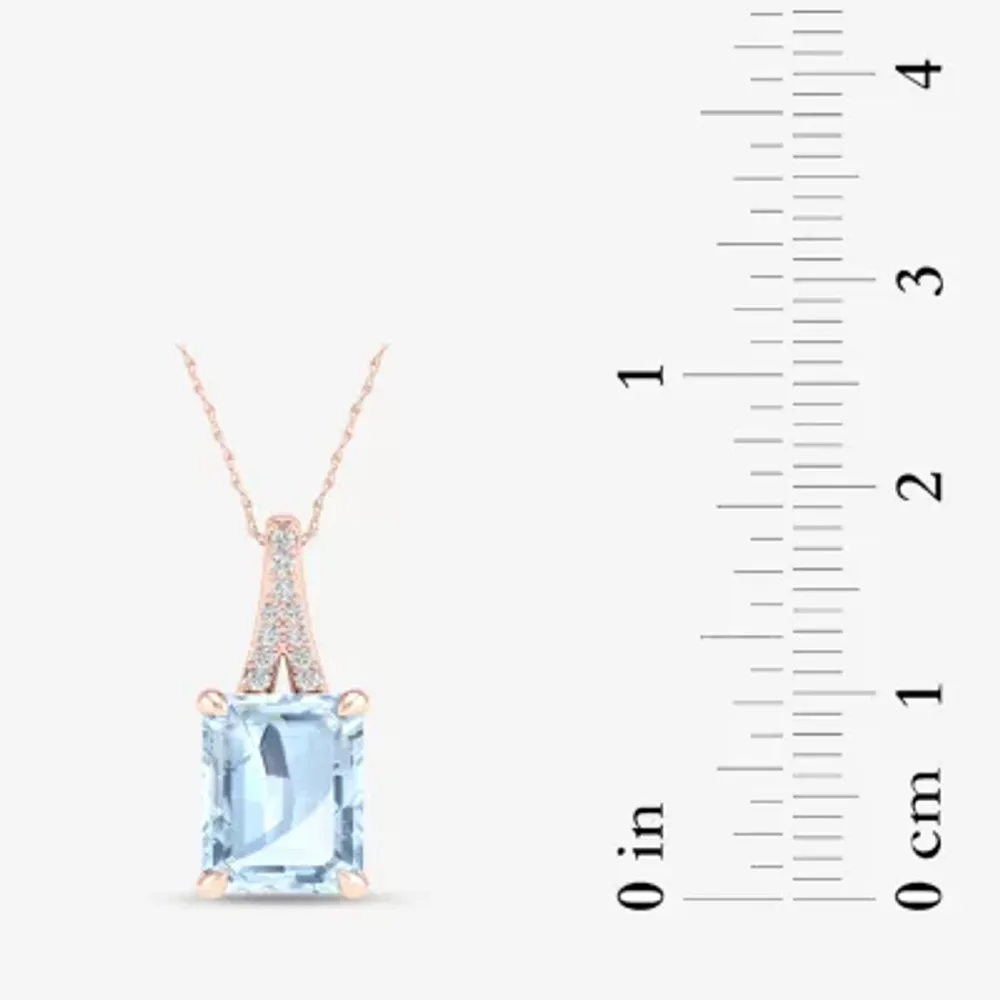 Womens Diamond Accent Genuine Blue Aquamarine 10K Rose Gold Pendant Necklace