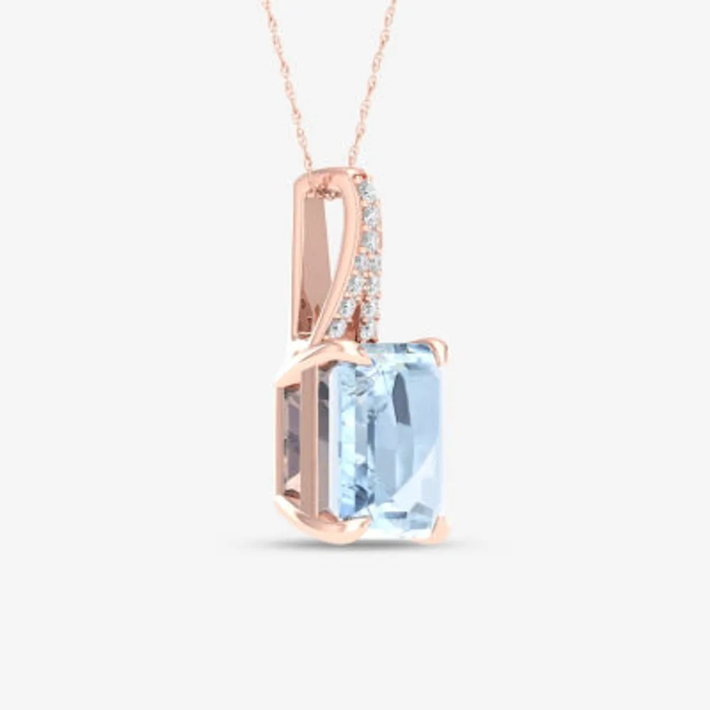 Womens Diamond Accent Genuine Blue Aquamarine 10K Rose Gold Pendant Necklace