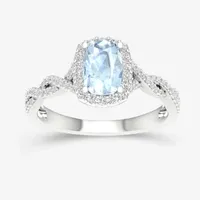 Womens Genuine Blue Aquamarine & 1/4 CT. T.W. Diamond 10K Gold Cushion Cocktail Ring