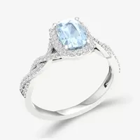 Womens Genuine Blue Aquamarine & 1/4 CT. T.W. Diamond 10K Gold Cushion Cocktail Ring