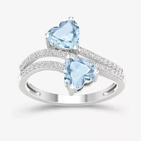 Womens Genuine Blue Aquamarine 10K Gold Heart Bypass  Cocktail Ring