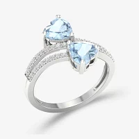 Womens Genuine Blue Aquamarine 10K Gold Heart Bypass  Cocktail Ring