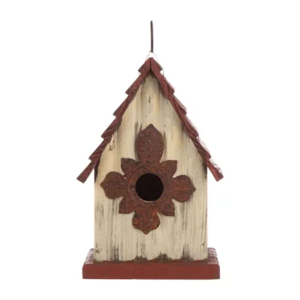 Glitzhome Tall White/Red Hand Painted Wood Birdhouse