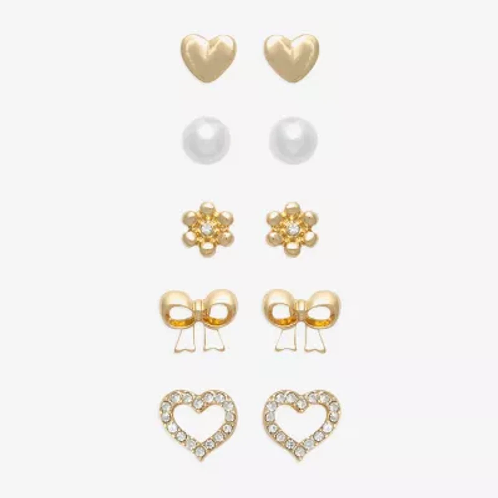 Mixit Hypoallergenic Cubic Zirconia Simulated Pearl Silver Tone Bow Flower Heart 5 Pair Earring Set