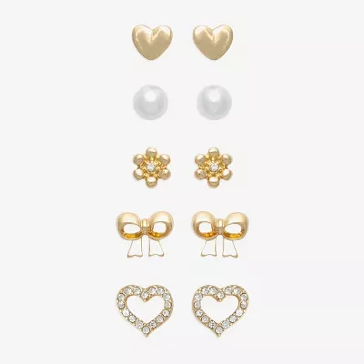 Mixit Hypoallergenic Cubic Zirconia Simulated Pearl Silver Tone Bow Flower Heart 5 Pair Earring Set