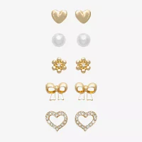 Mixit Hypoallergenic Cubic Zirconia Simulated Pearl Silver Tone Bow Flower Heart 5 Pair Earring Set