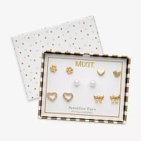 Mixit Hypoallergenic Cubic Zirconia Simulated Pearl Silver Tone Bow Flower Heart 5 Pair Earring Set