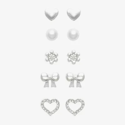 Mixit Womens Cubic Zirconia Simulated Pearl Bow Flower Heart Hypoallergenic 5 Pair Earring Set