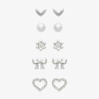 Mixit Womens Cubic Zirconia Simulated Pearl Bow Flower Heart Hypoallergenic 5 Pair Earring Set