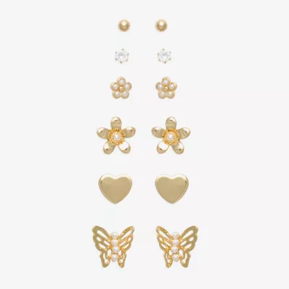 Mixit Hypoallergenic Gold Tone 6 Pair Cubic Zirconia Butterfly Flower Heart Earring Set